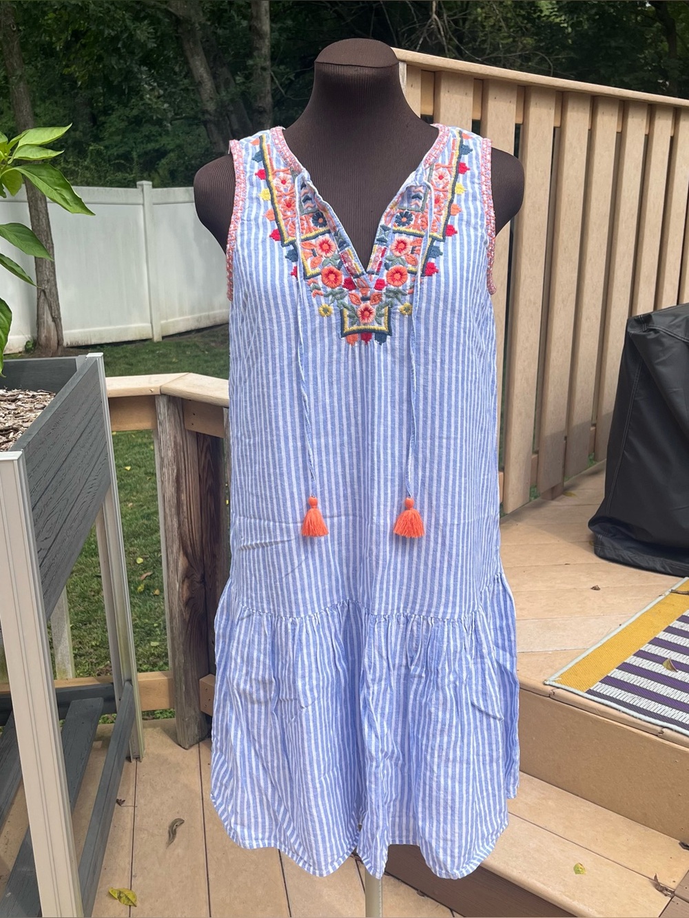 Beach Lunch Lounge Linen Cotton Blend Striped Embroidered Dress Sz S Boho Beach